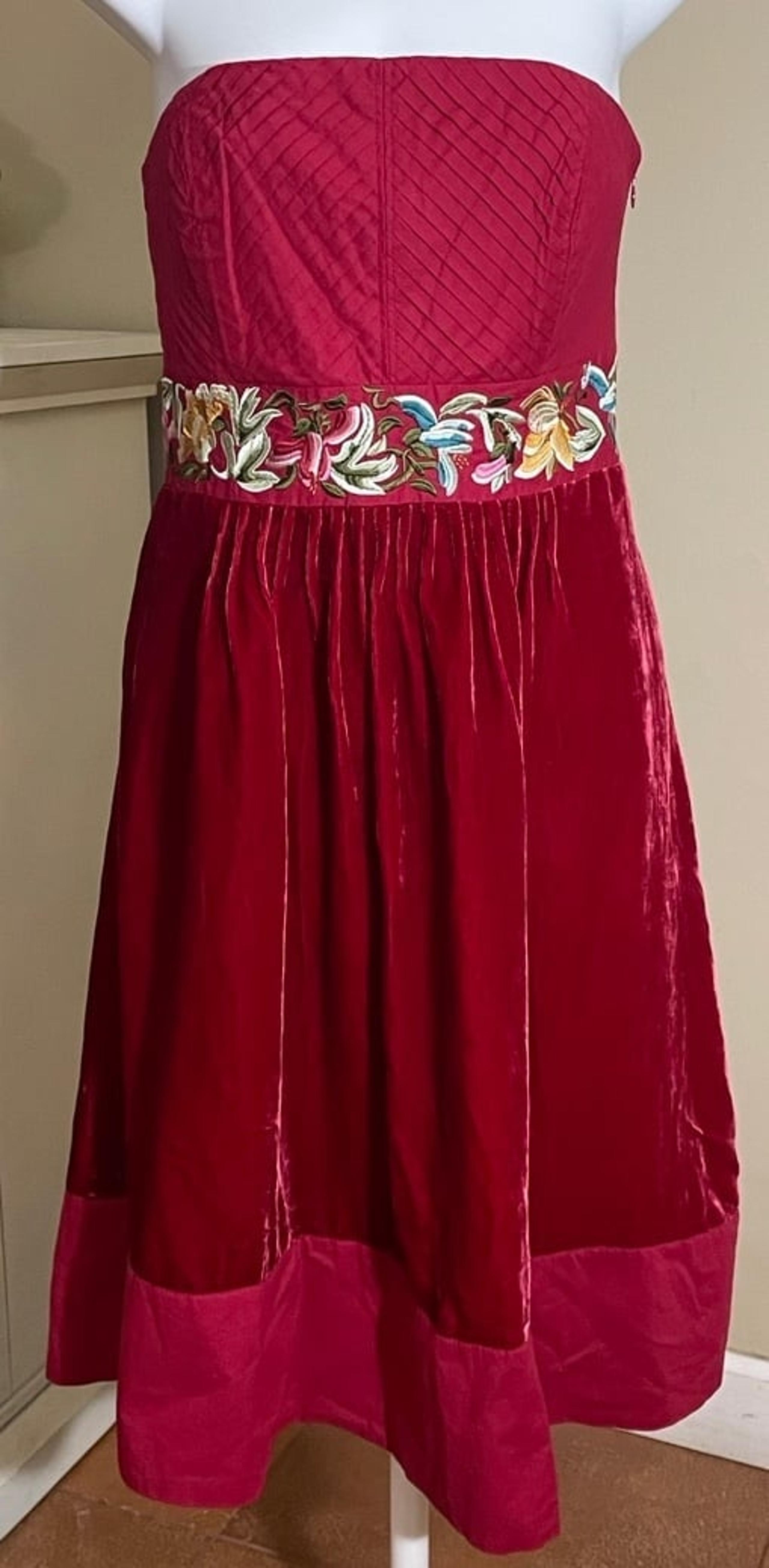 Rebecca Taylor Strapless Red Dress Silk And Velvet Size 6 Floral Embroidered