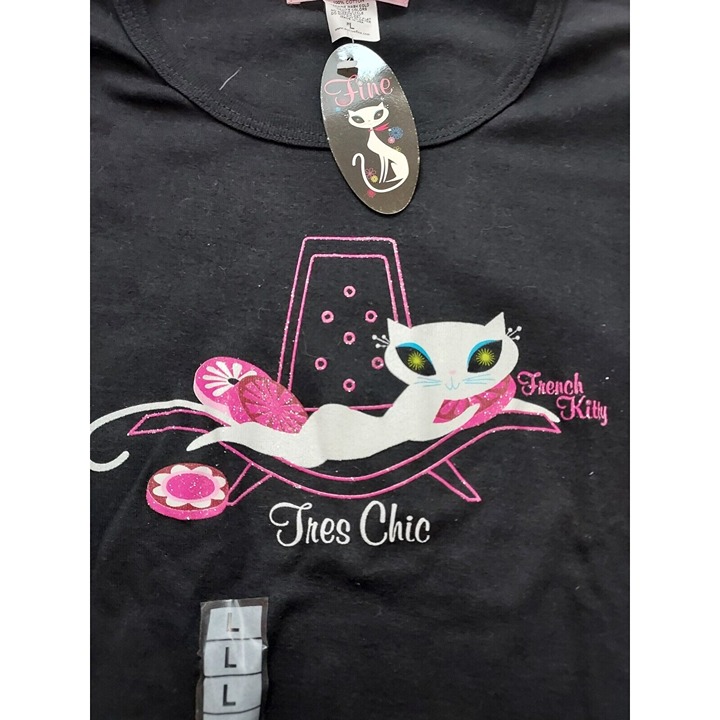 Vintage French Kitty by Mighty Fine Womens Top, Tres Chic, Black, Large
