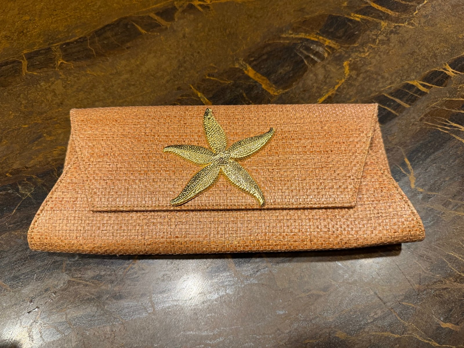 NWOT Vintage Rattan Clutch Adorned with Gold Starfish