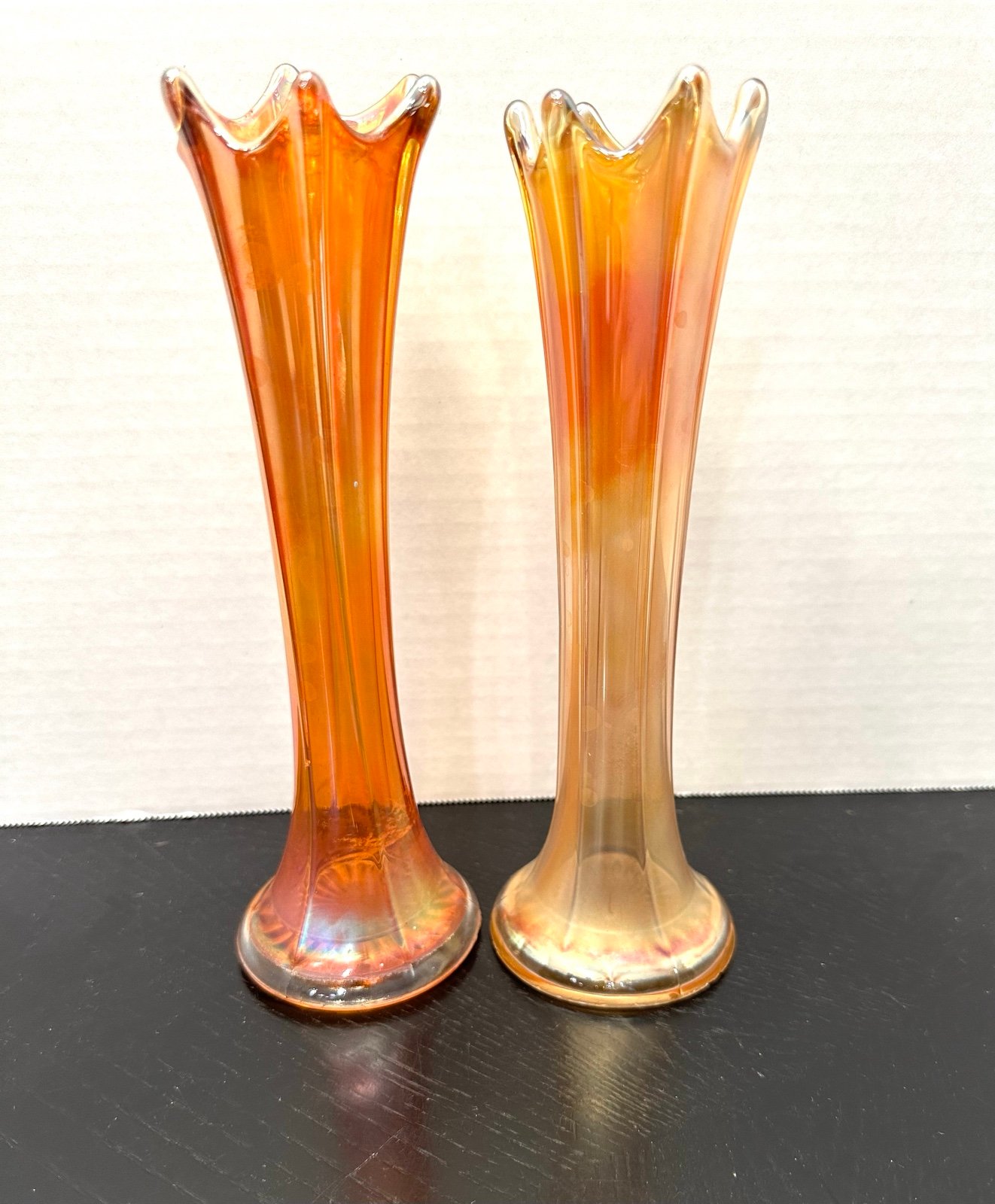 VTG Pair Marigold Iridescent Thin Rib Vase 9”