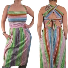 70s Seersucker Thin Cotton Wrap Dress Small Midi Blue Pink Green Rainbow Ties