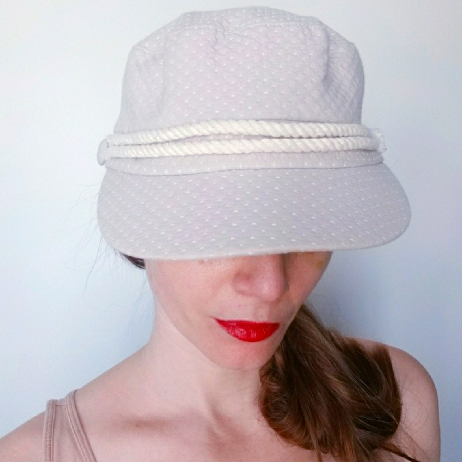 Grace Anthropologie Newsboy Hat Rope Detail Cream with White Polka Dots One Size