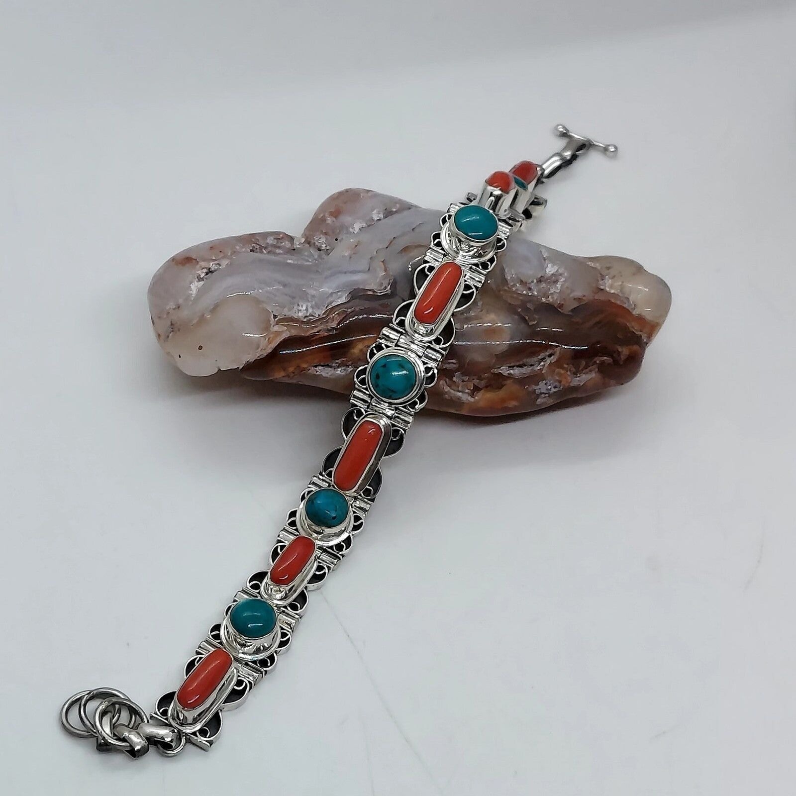 Sterling silver 925 turquoise and coral bracelet
