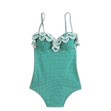J.Crew Scalloped Ruffle one-piece Swimsuit, Green Textured Gingham Size 6, AK743