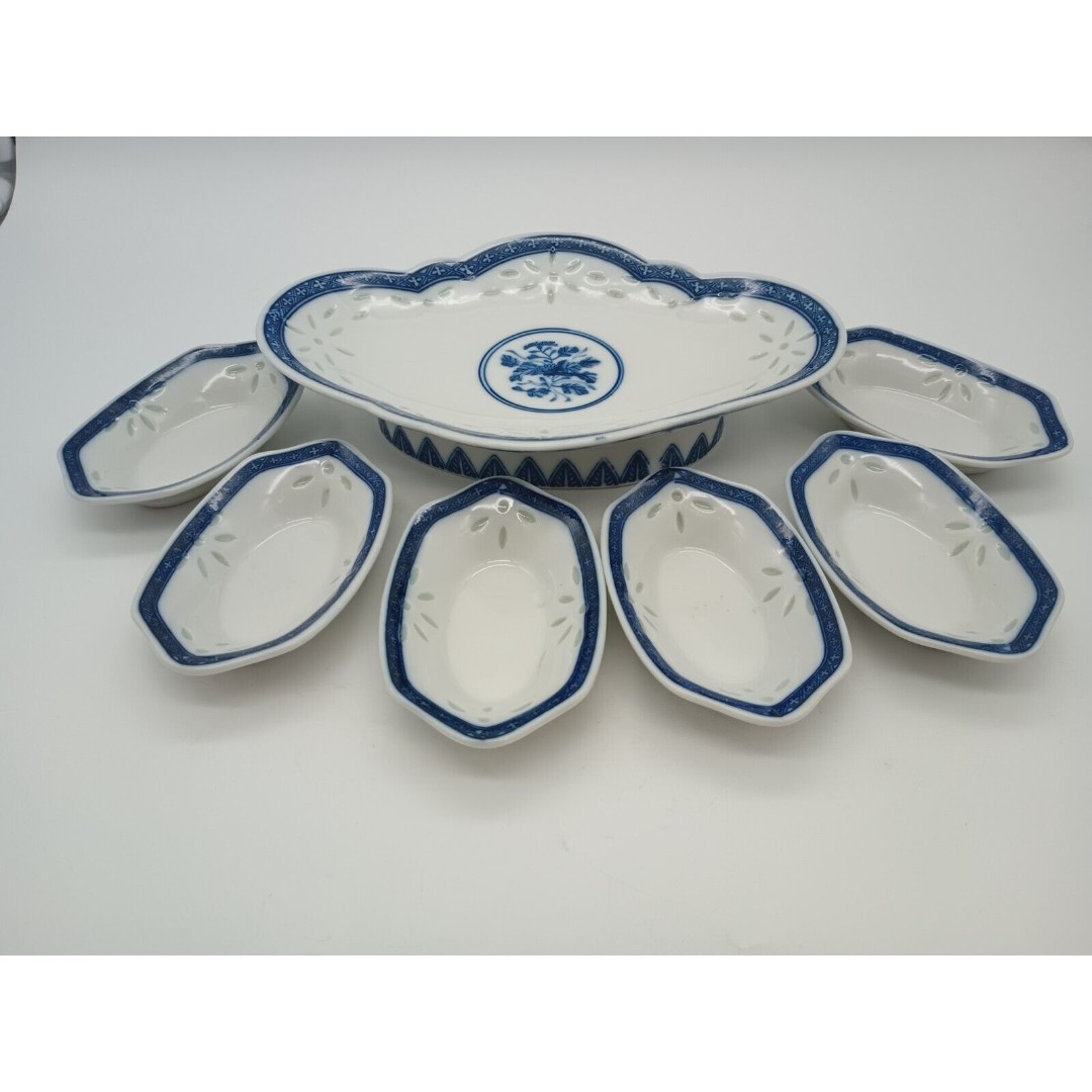 Vtg Rice Grain Sushi Tray & 6 Soy Wasabi Dipping Dishes Restaurant Ware