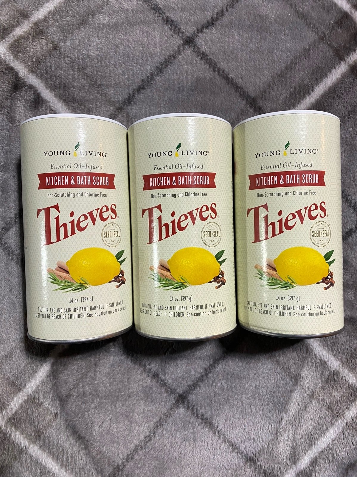 Three Young Living Essential Oils thieves kitchen and bath scrub