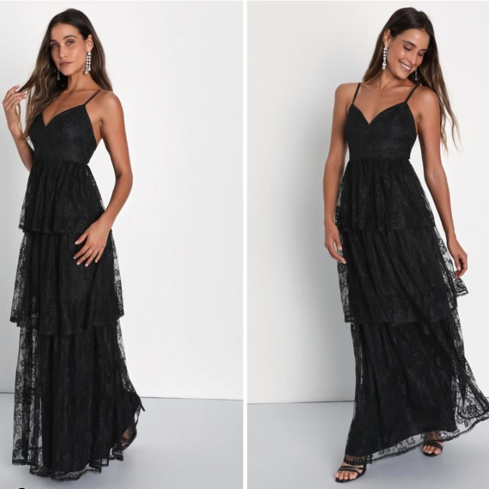 LULU's Prom Wedding Bridesmaid Tiered Lace Boho Bohemian Ruffles Maxi