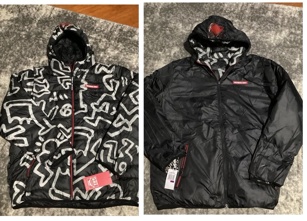Keith Haring + Members Only Men’s Reversible Hooded Puffer Jacket, size XL