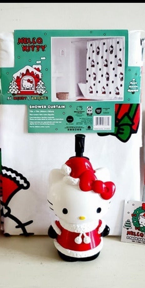 Hello Kitty shower curtain and soap dispenser