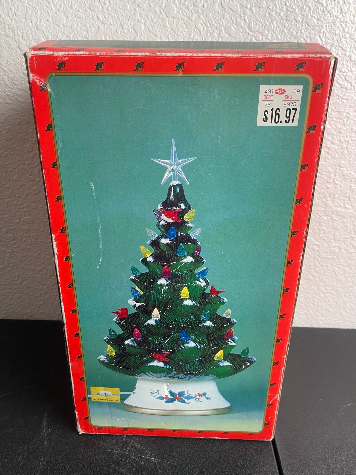 Vintage Ceramic Christmas Tree FLOCKED Green 13.5 Inches Tall With Base 38 Lites
