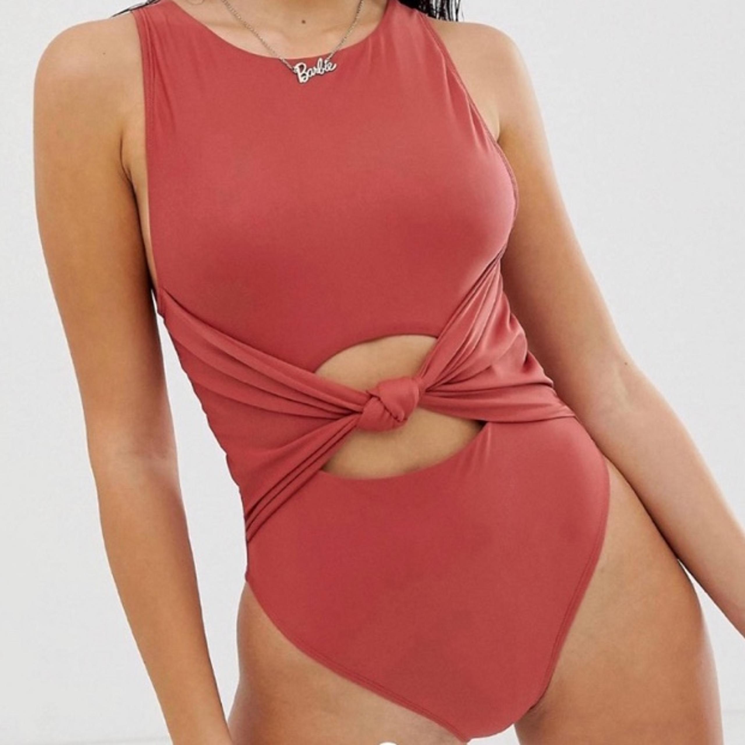 ASOS Knot Front Slinky Glam One Piece Swimsuit in Dusty Mink Size 8