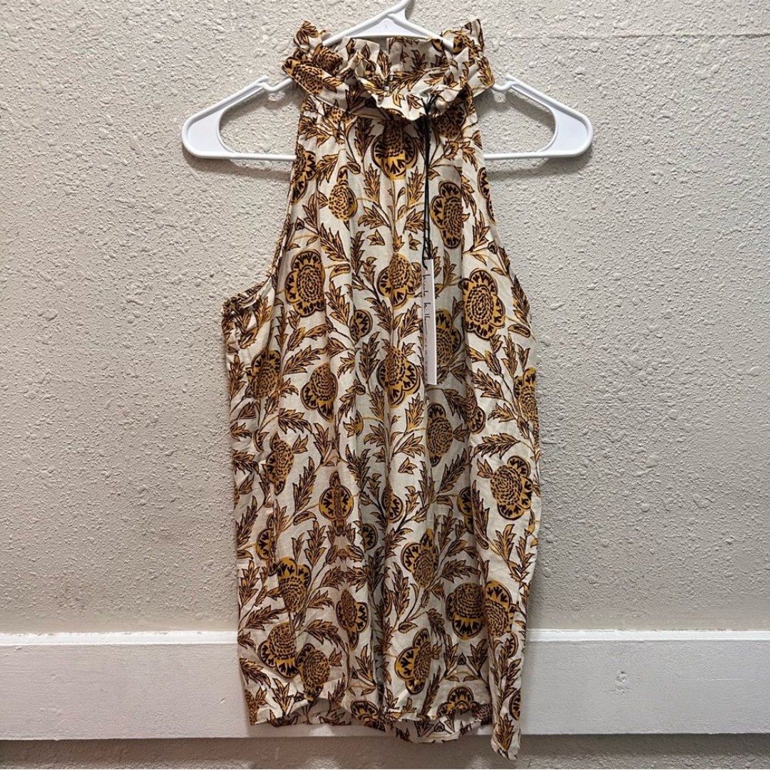 Nicole Miller Linen Blend Halter Ruffle Neck Printed Sleeveless Top NWT XS