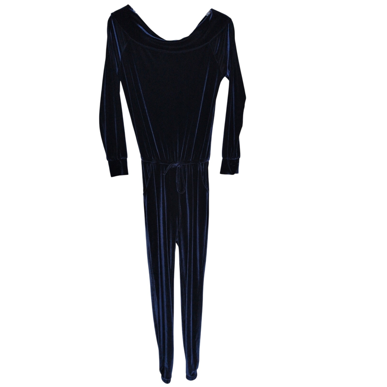 Vintage Blue Velvet Cowl Neck Jumpsuit Medium Bodysuit Stretch Comfort Lounge