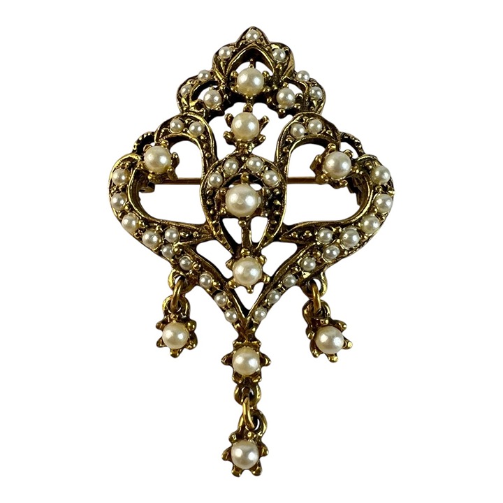 Vintage Victorian Revival Faux Seed Bead Pearl Fleur De Lis Articulated Brooch P