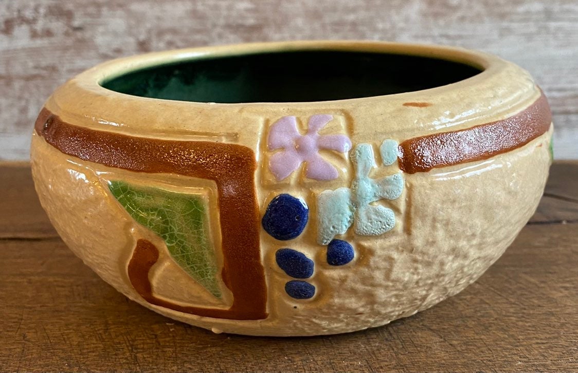 1916 roseville pottery mostique tan high glaze arts and crafts bowl in excellent