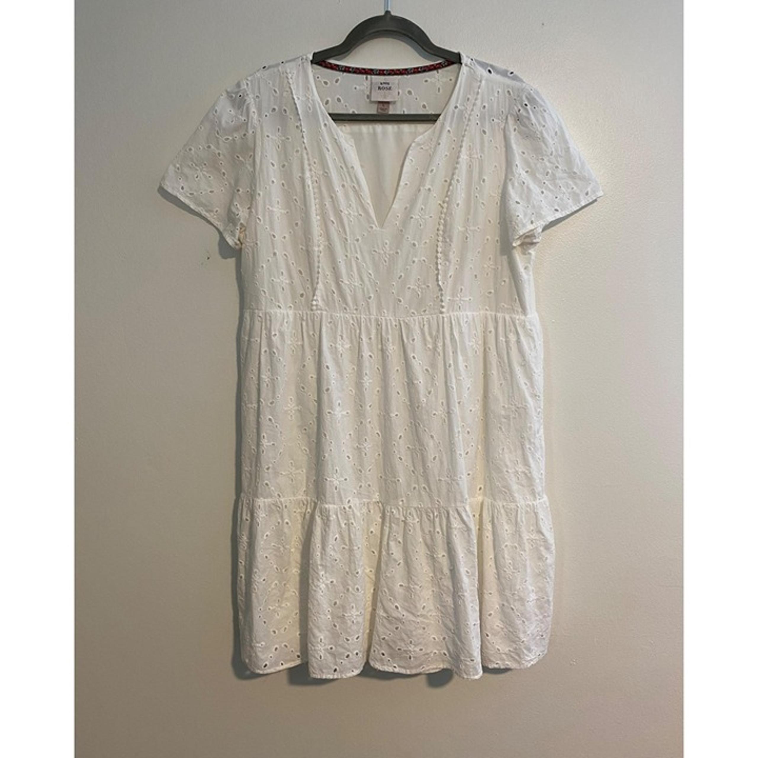 Knox Rose White Eyelet Dress Women’s L Tiered Short Sleeve Lined Boho Feminine