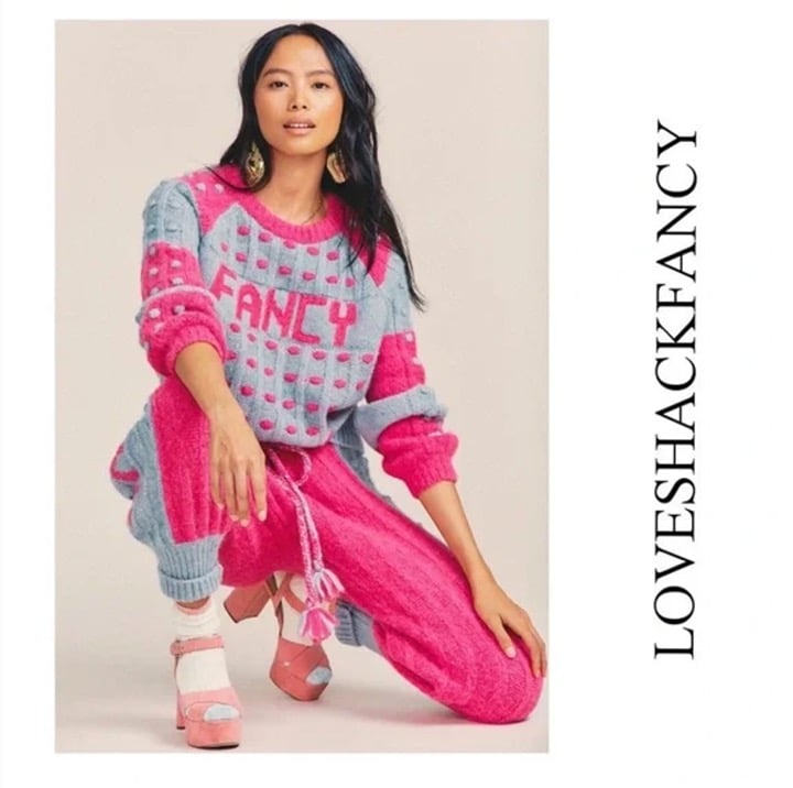 New! LOVESHACKFANCY Fancy Ellyn Pom Pom Crewneck Pullover Sweater M