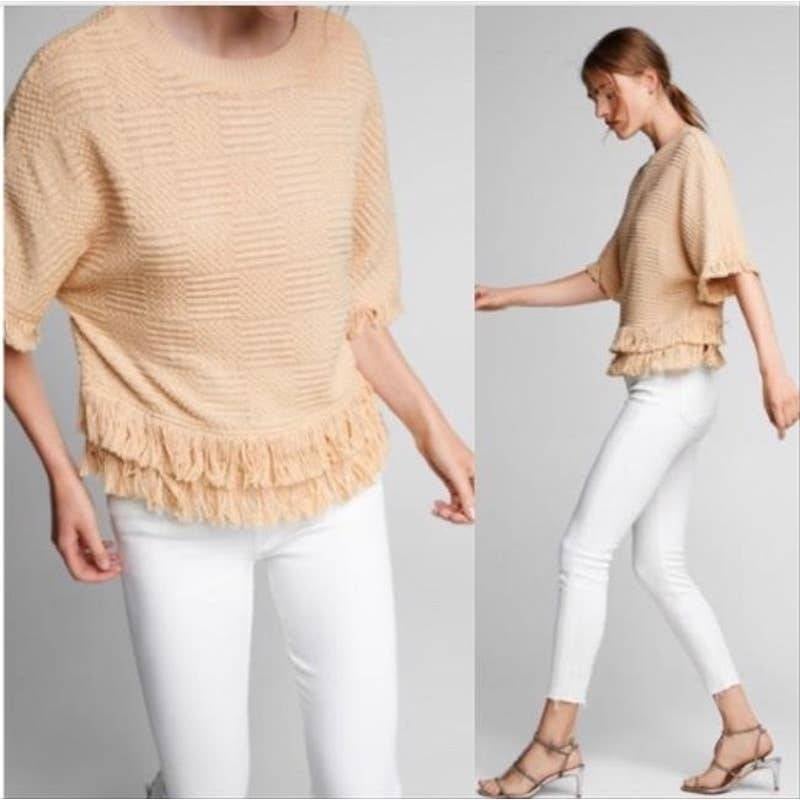 Zara Tweed w/ Fringe Short Sleeve Knit Top in Sand