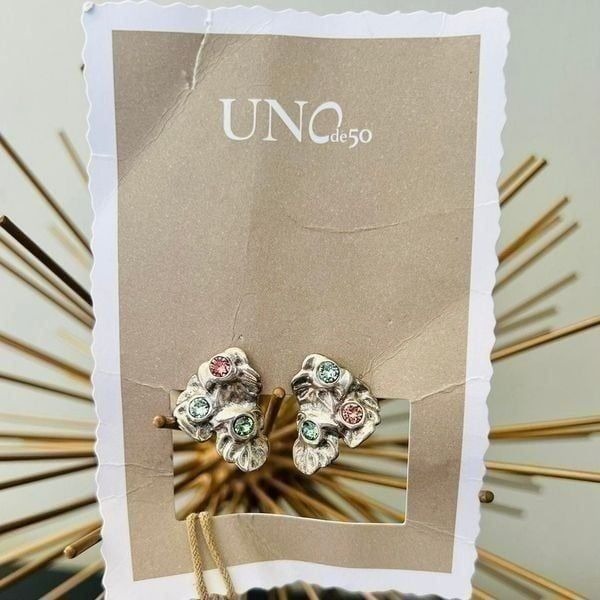 UNO DE 50 Wild Bush Bezel Set Crystal Leaf Stud Earrings, Silver/Pink