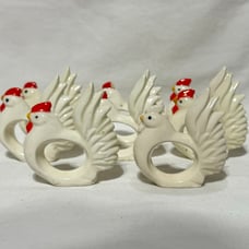 Vintage Rooster Chicken 8 pc Ceramic Napkin Rings Fair Condition