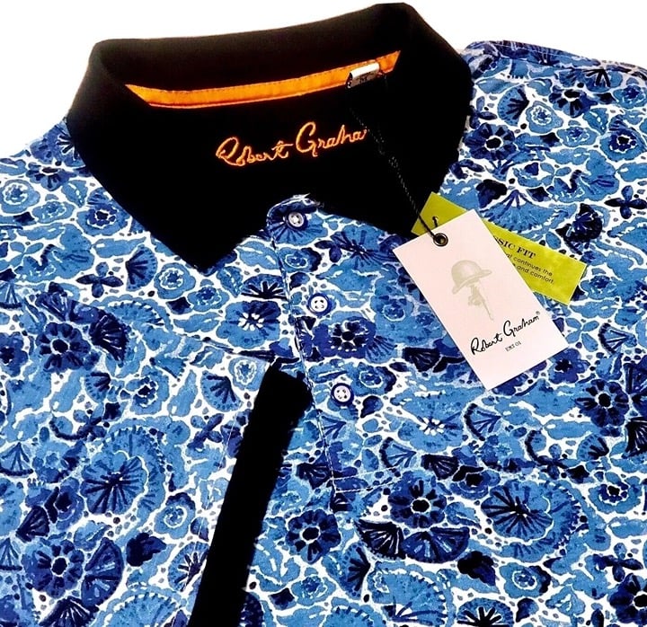 Robert Graham Camouflage Floral Mens Medium Blue Short Sleeve Sport Polo Shirt