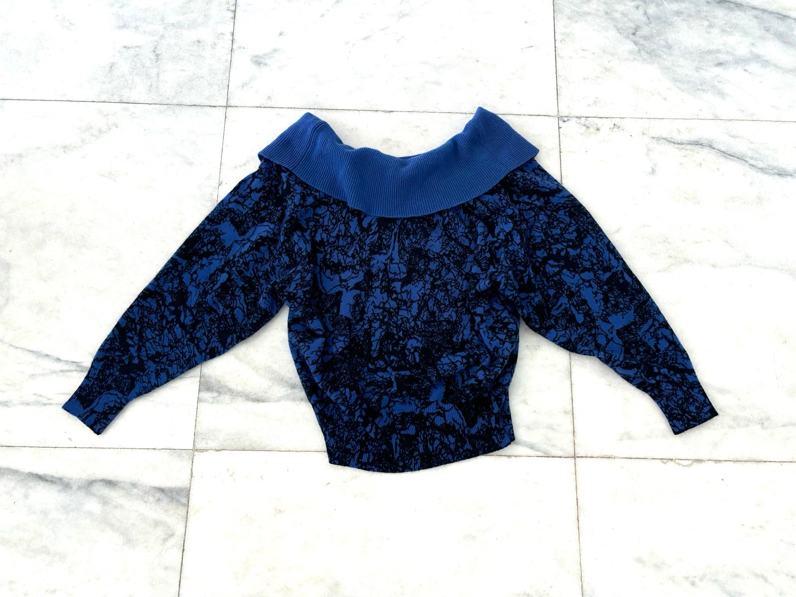 Vintage Christine Thomson Off The Shoulder Sweater Lambswool Blue Black Printed