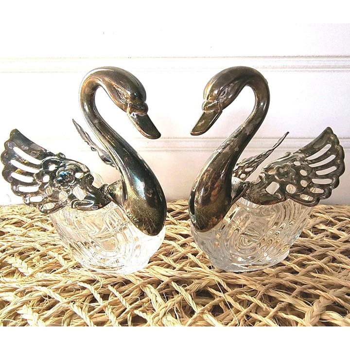 Vintage Swan Salt Cellars, Italy Silver Plated Articulated Wings Crystal, EUC
