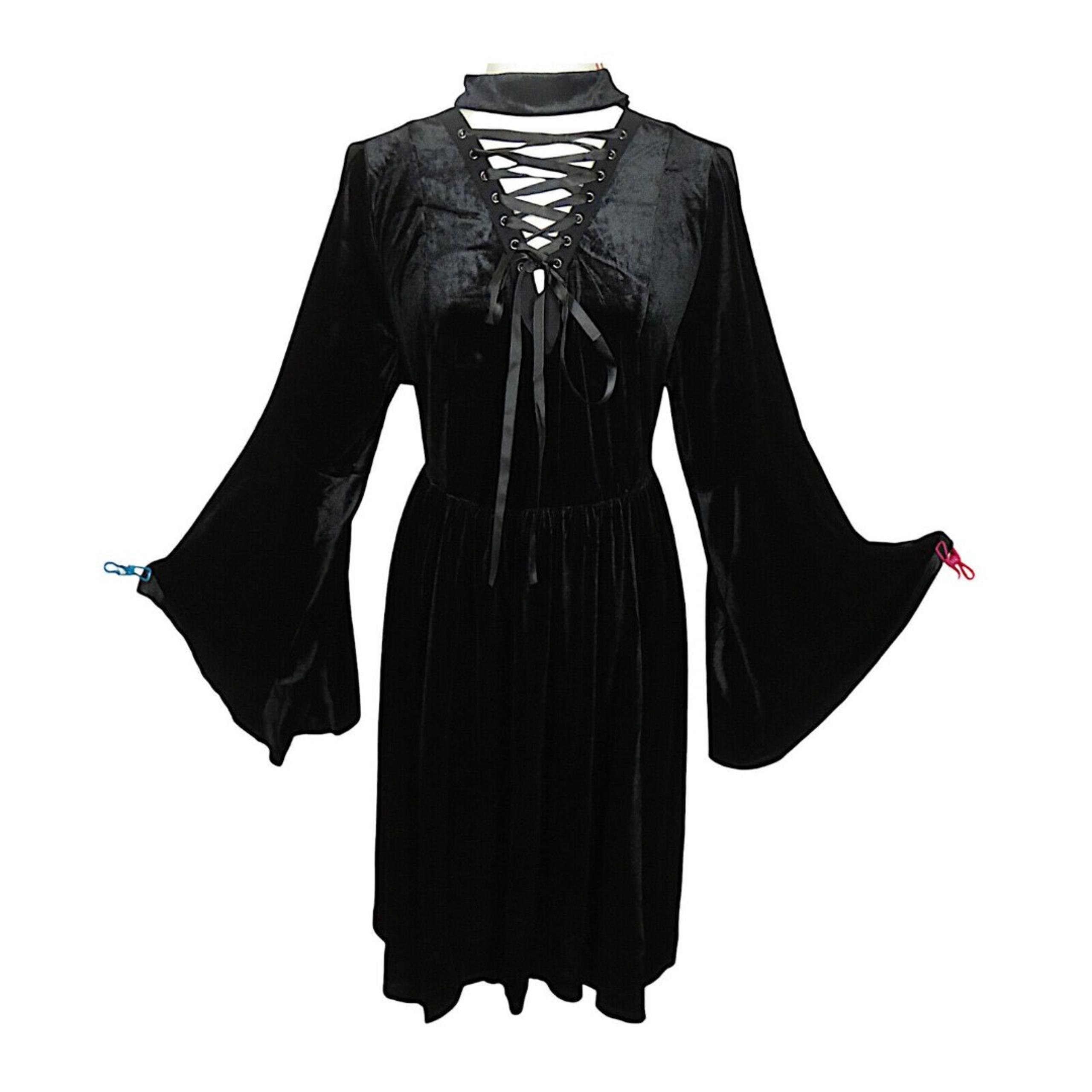 Torrid Black Stretch Velvet Flare Sleeve Lace Up Witchy Goth Midi Dress Plus 1X