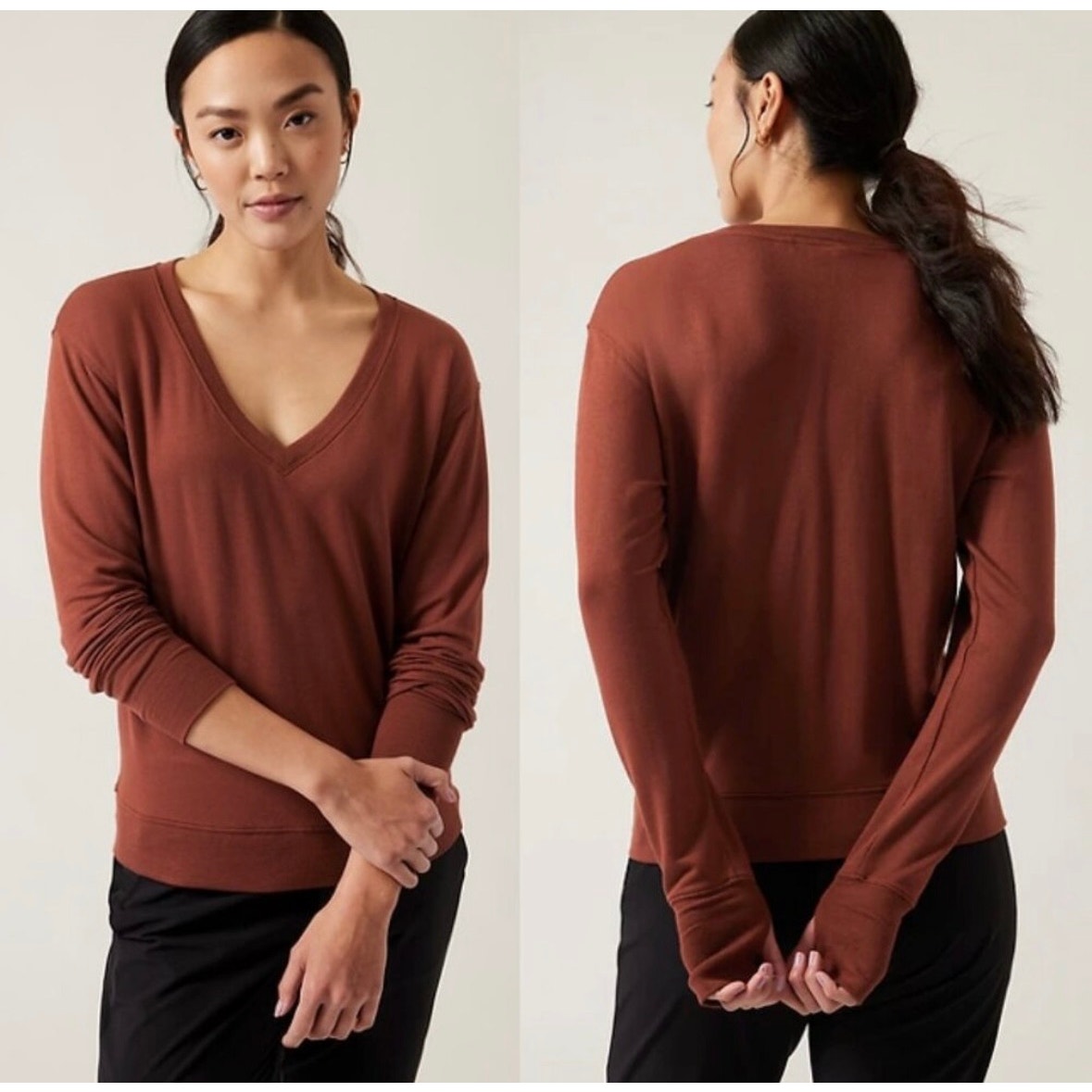 ATHLETA Sunrise V-neck Sweatshirt size S in Ancient Mahogany Brown