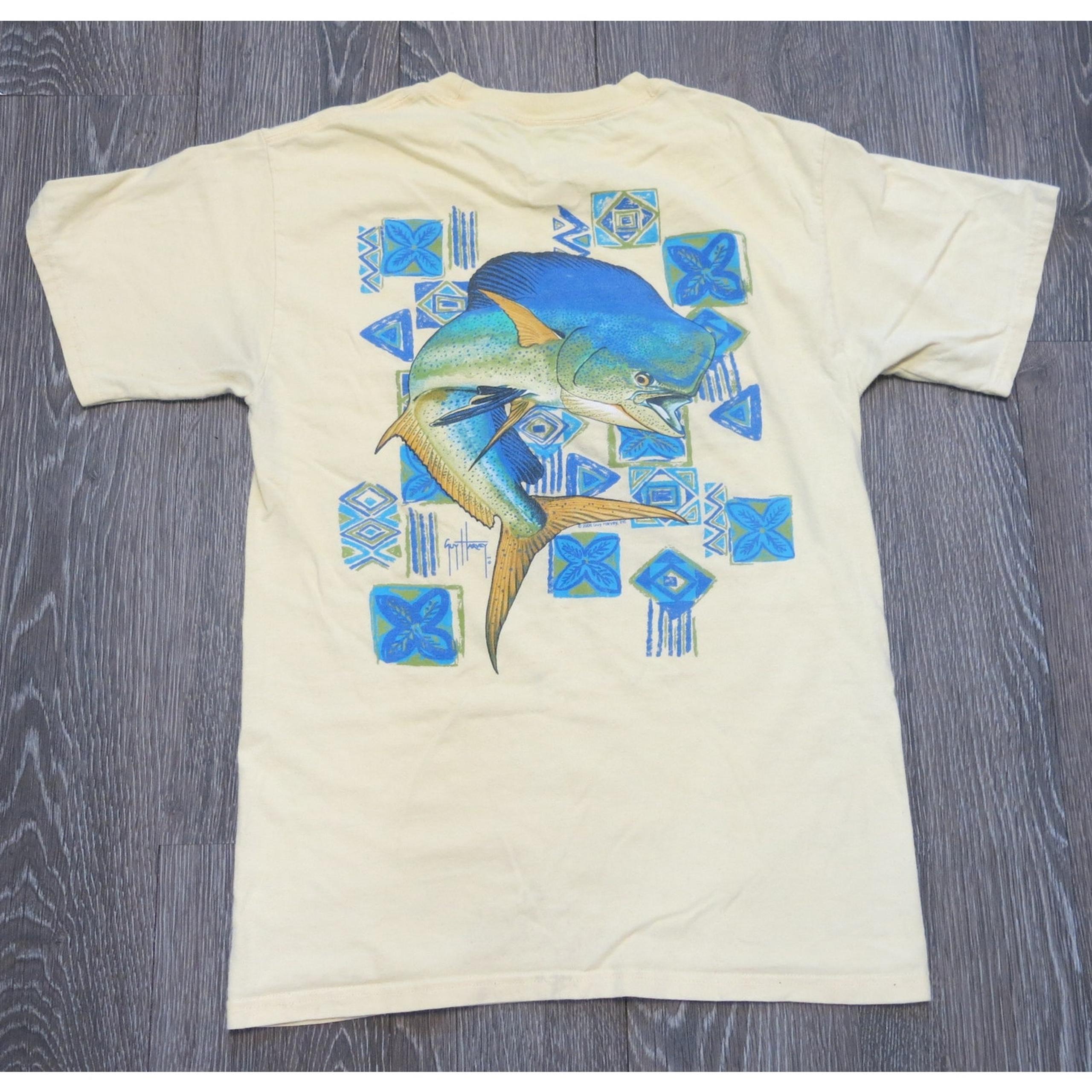 GUY HARVEY Aftco Bluewater Pocket T Shirt Size S Men's Fish Logo Yellow Casual