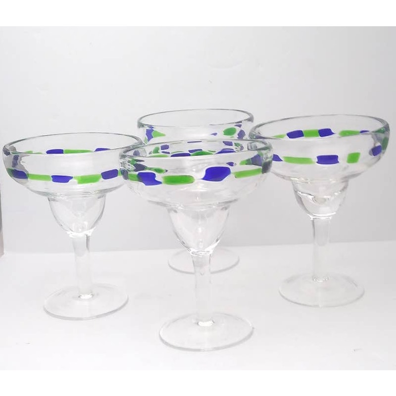 Hand Blown Fused Glass Mexican Margarita Glasses Set Of 4