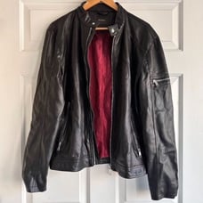 Black Zara Leather Bomber Jacket M biker moto coat Silver Zipper Red Interior