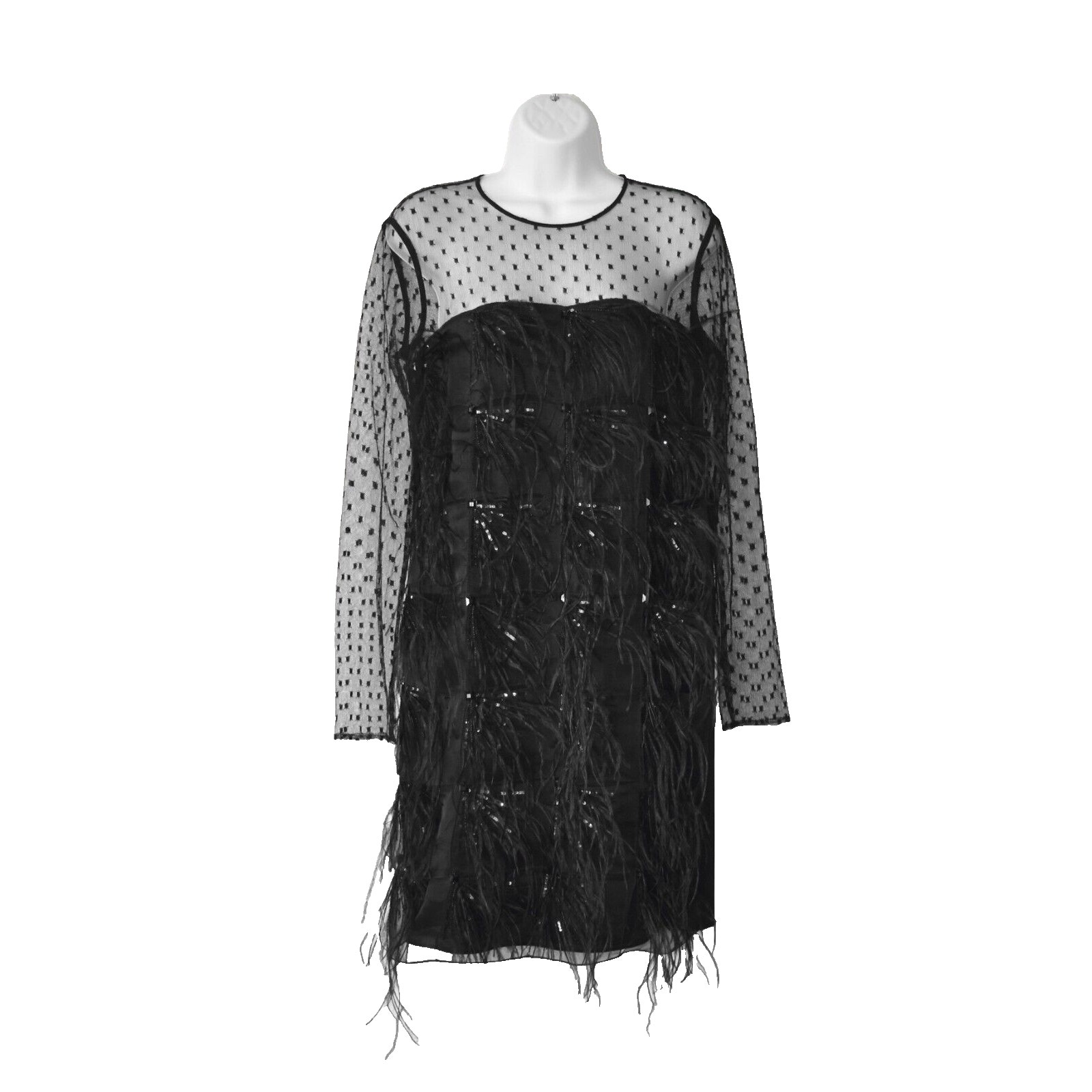 E0 Auth ESCADA Black Mesh Top & Sleeves Ostrich Feather Dress Size 36 2500