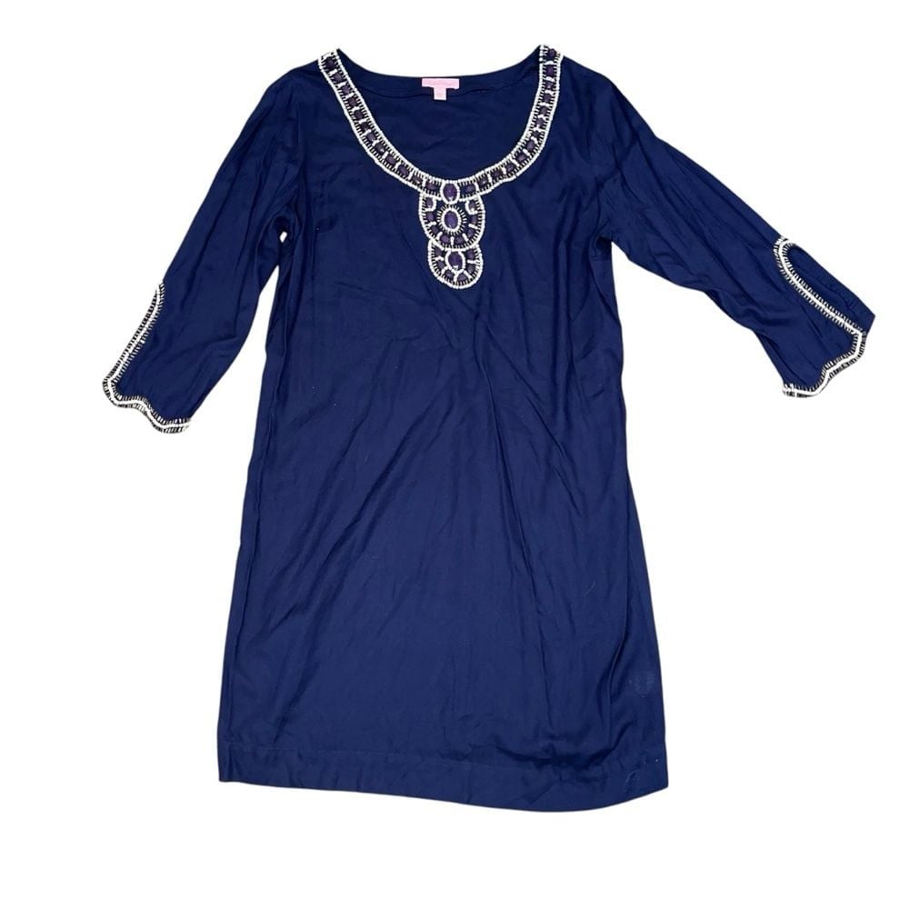 Lilly Pulitzer Sarah Navy Tunic Dress Beaded Beach Resort Tropical Size Large