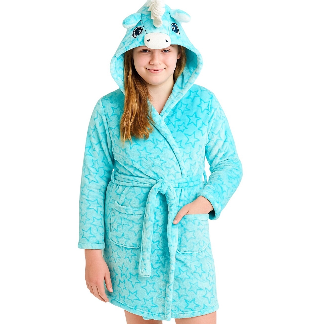 Jellifish Kids Girls XL 14/16 Blue Unicorn Hooded Plush Star Bath Robe Cozy