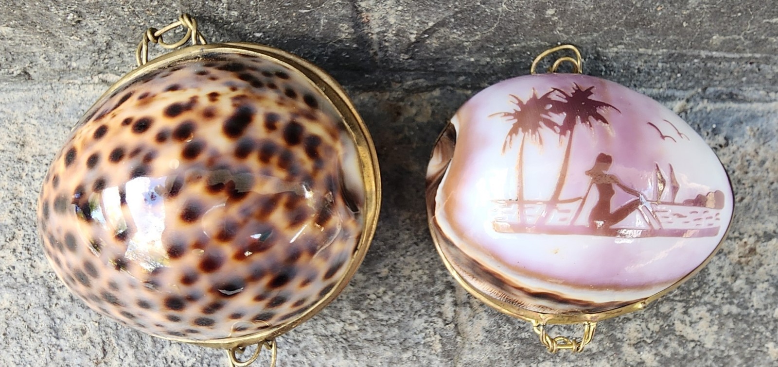 2 Vintage Cowrie Shell Trinket Boxes w/ Brass Trim