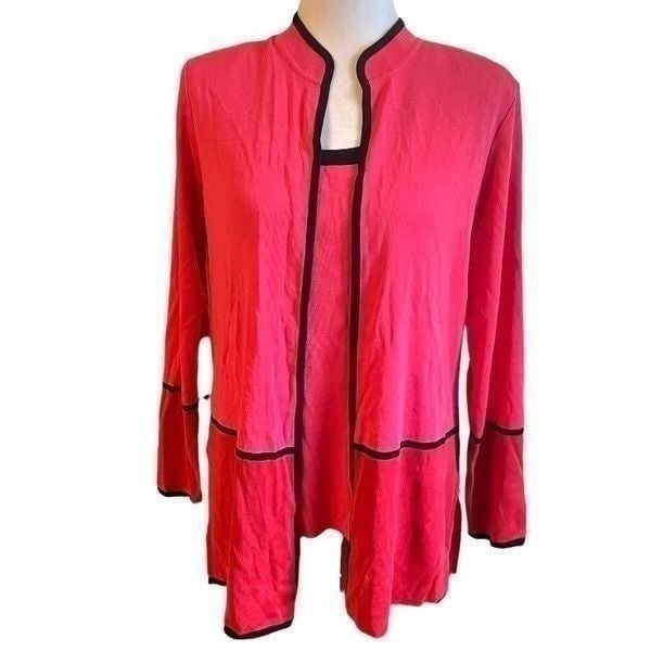 Misook 2 piece pink and red knit cardigan set black trim