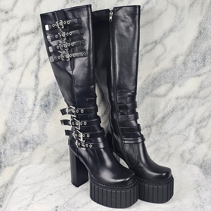 Dolls Kill LaModa Size 9 Knee High Platform Multiple Buckle Vegan Leather Boots