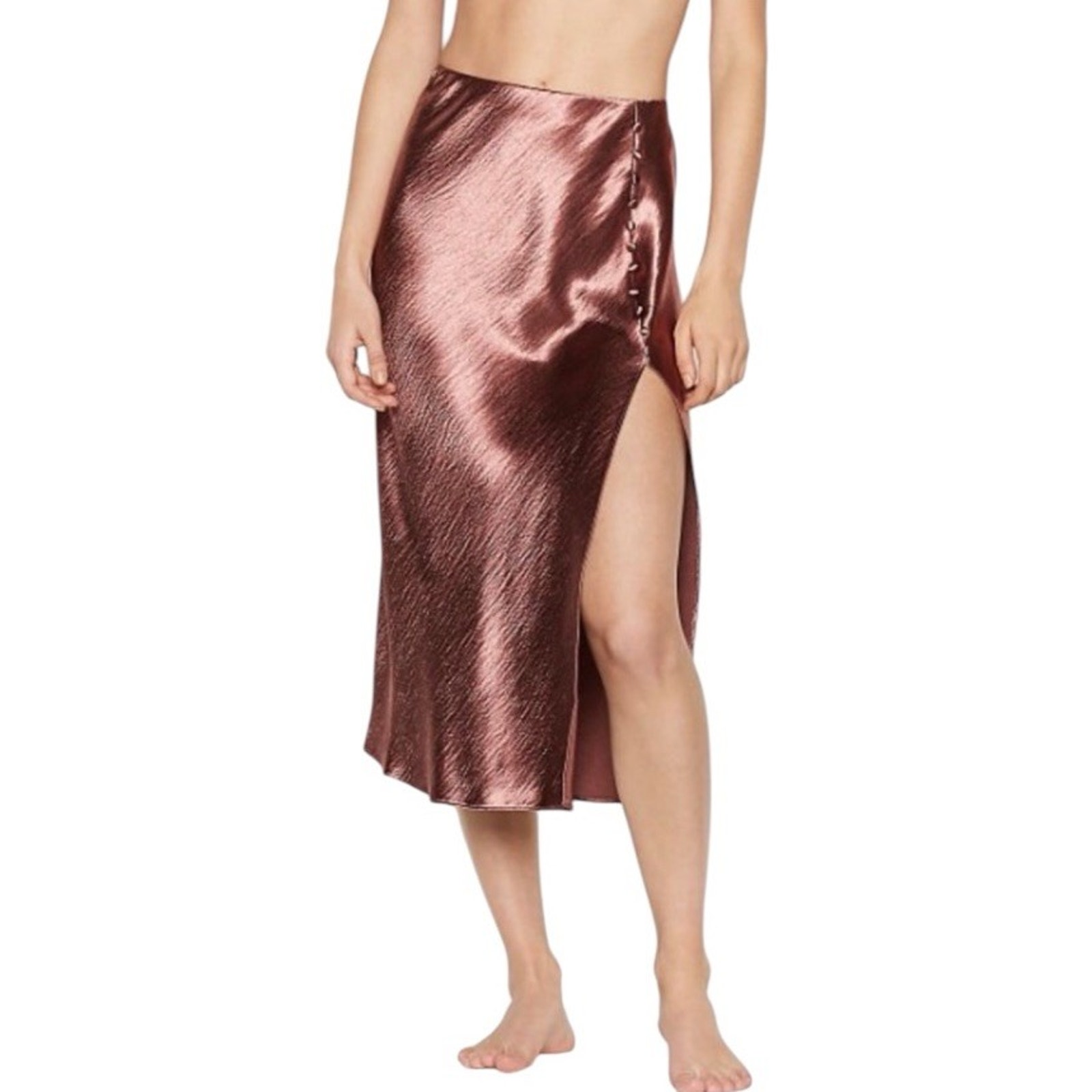 Victoria’s Secret Textured Satin Slip Midi Skirt Size L Side Slit Elastic Waist