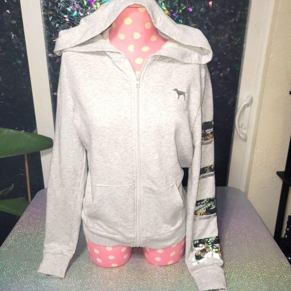 VS Pink Heather Grey Camo Bling Zip up Hooded Sweater