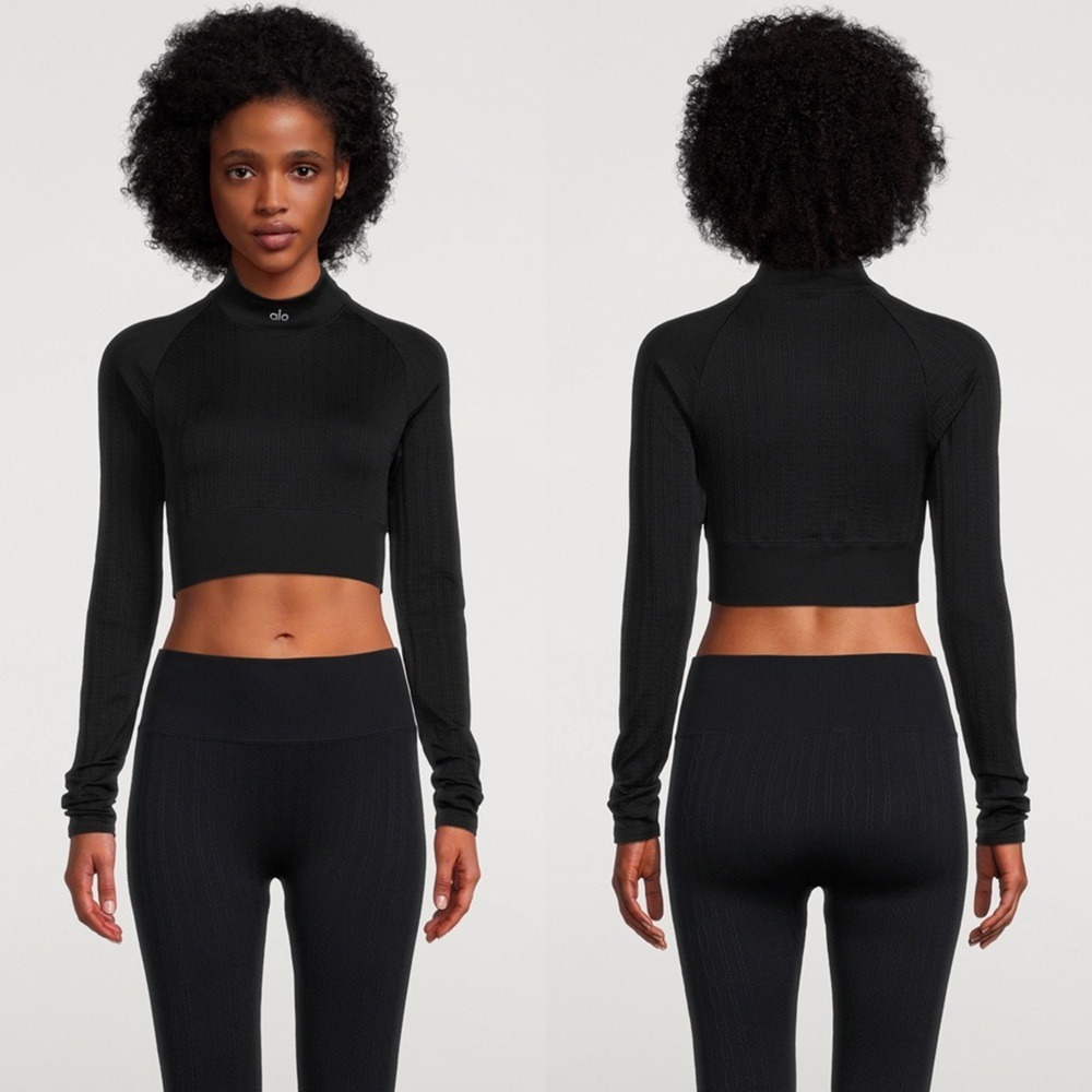 Alo Yoga Black Seamless Cable-Knit Fleece Long-Sleeve Crop Top Size Small