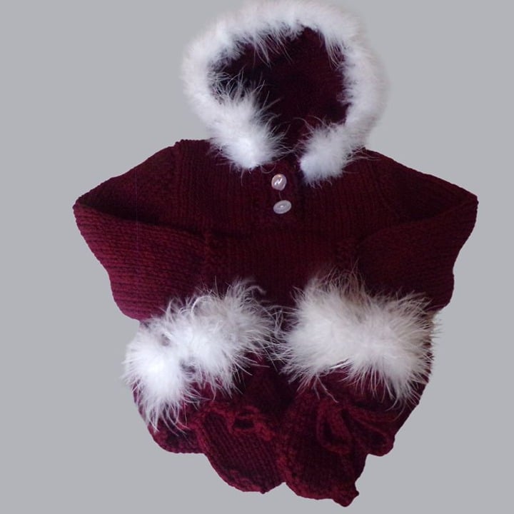 Knitted Maroon hoodie & matching mittens with fur trim