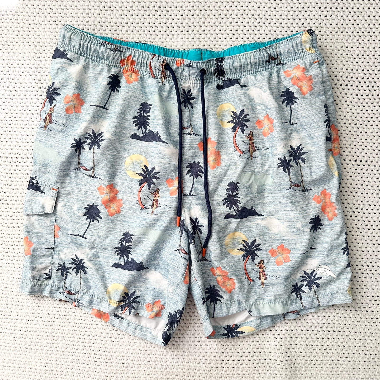Tommy Bahama 6 Naples Blue Hawaiian Hula Dancer Palm Trees Swim Trunks Large