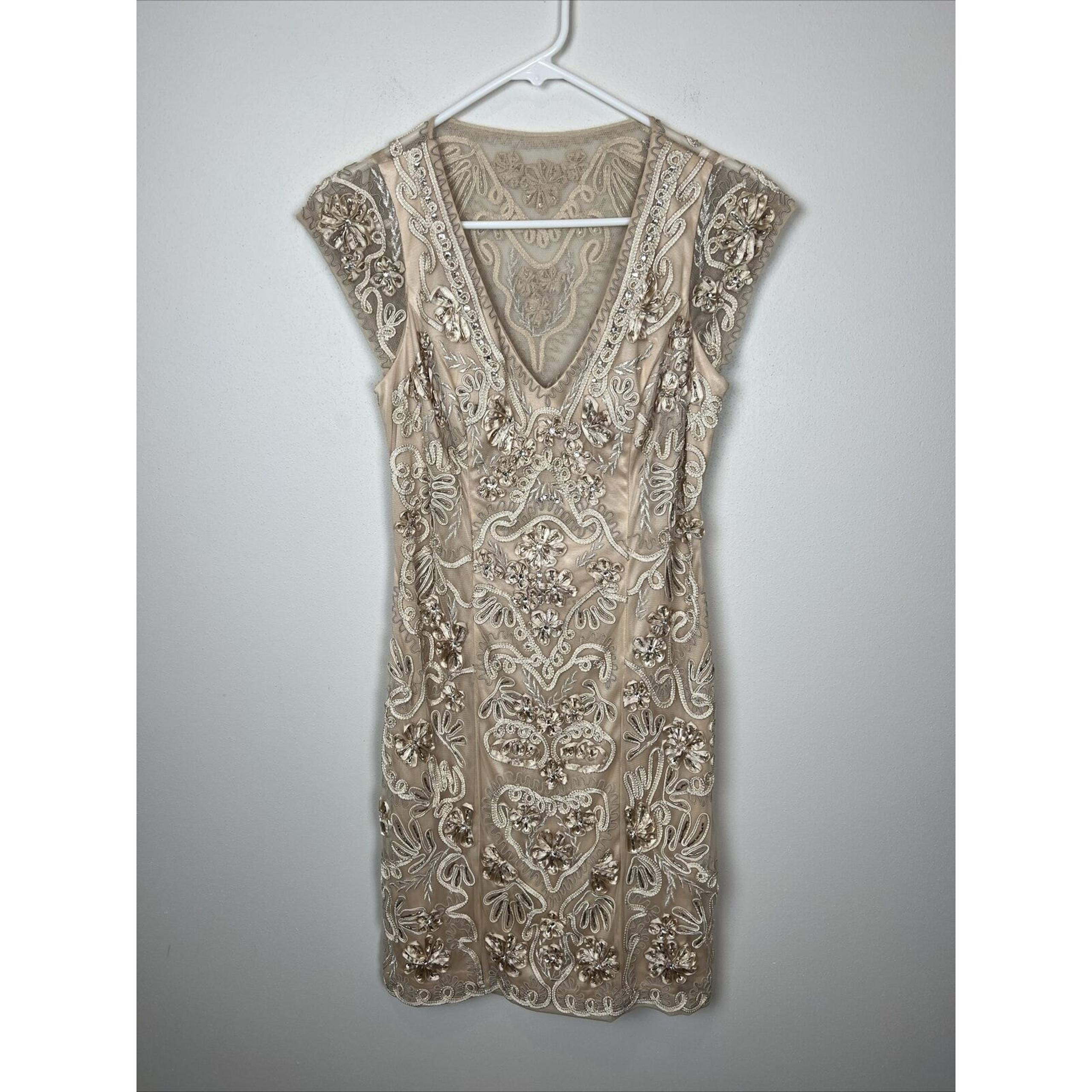 Sue Wong Beaded Embellished Sequins Gold V-neck Cap Sleeves Formal Dress Gown 4