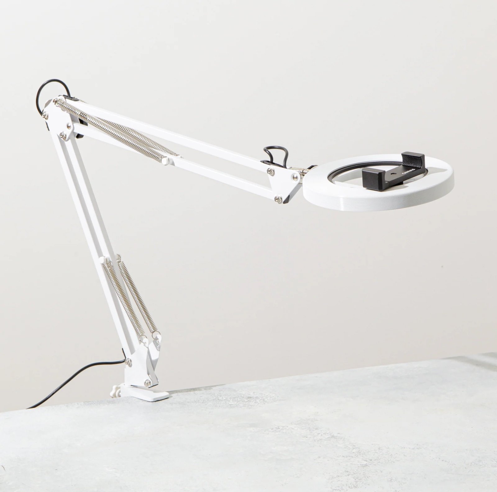 White Canvas Lamp with Weighted Matte Metal Base + MagSafe Phone Mount