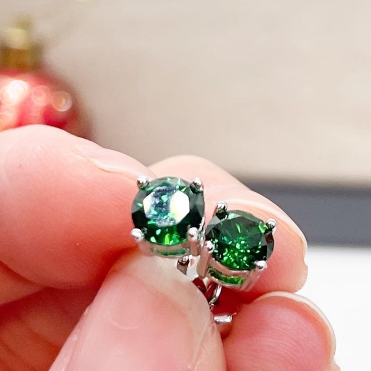 Genuine Emerald (May) Round Faceted 925 Silver Stud Earrings, NWT