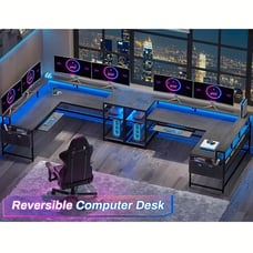 Grey Versatile Customizable Office Desk with LED Strip and Power Outlets