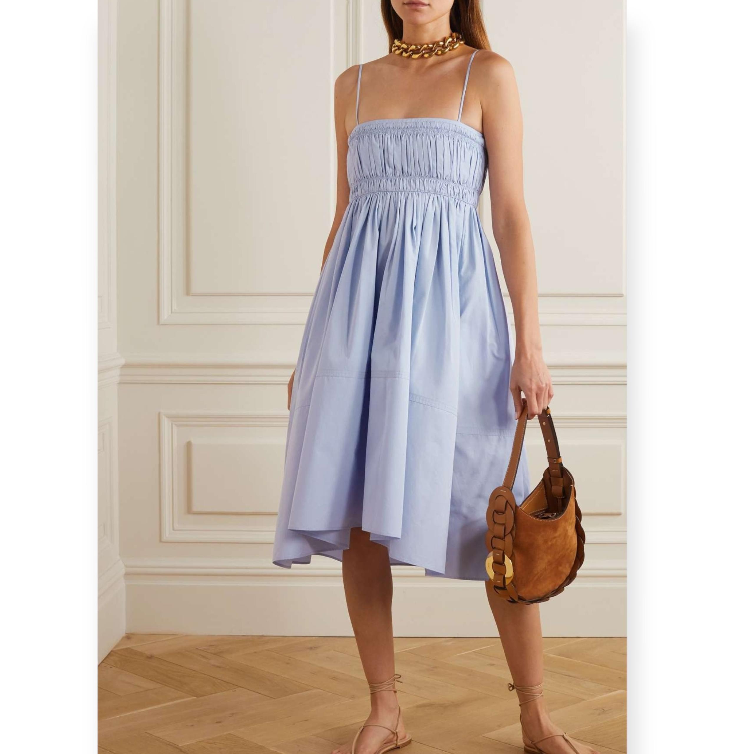 NWT Chloe Shirred Cotton Poplin Dress Sky Blue Ruched A Line Size 38 US 6 Medium