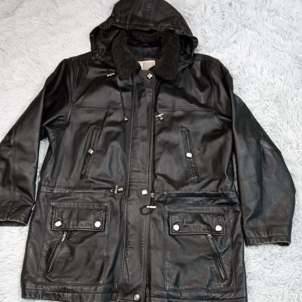 Vintage Middlebrook Womens Jacket L Black Pockets Removable Hood Zip Up Snaps