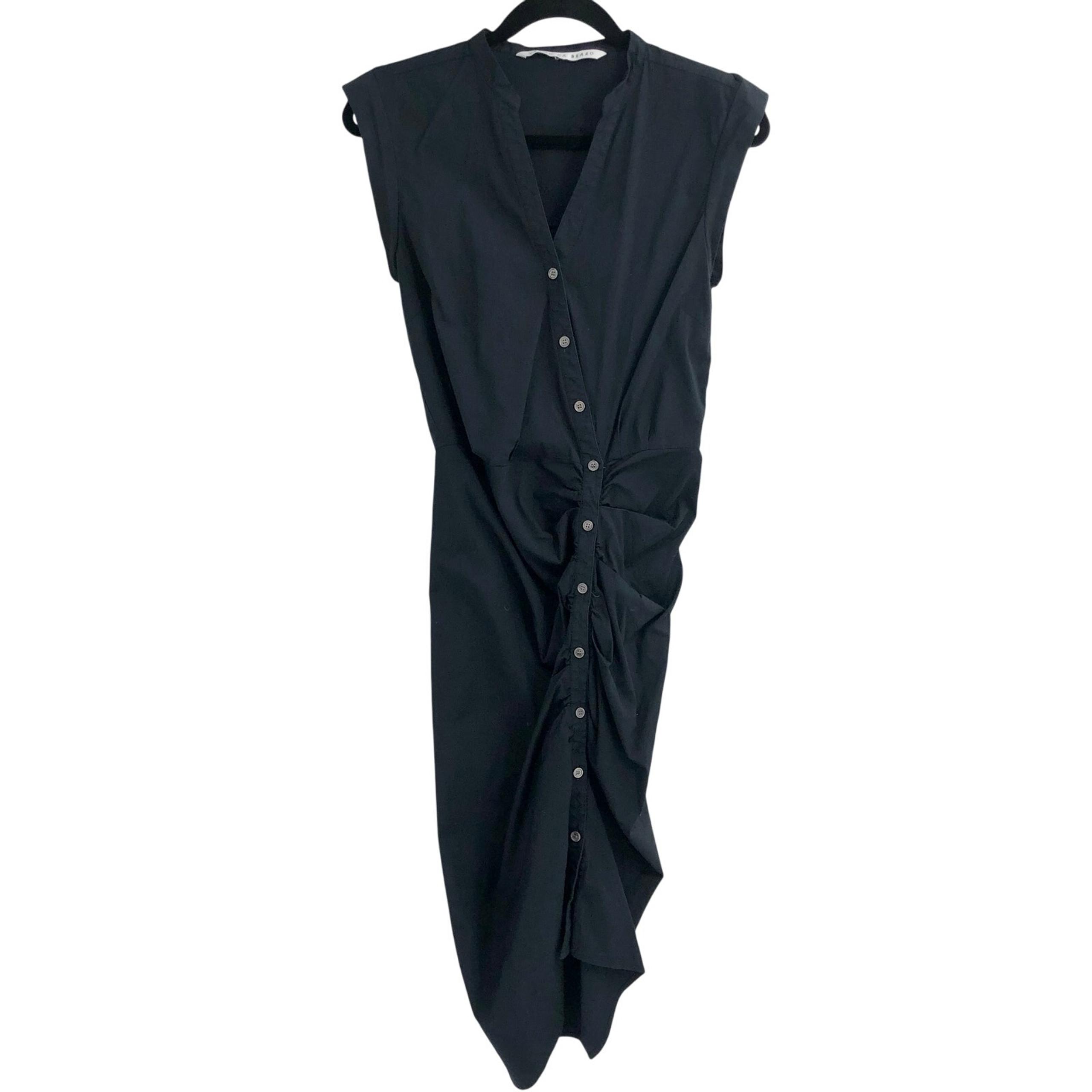 Veronica Beard Solid Black Ruched Dress Button Front Split Neck Size 8